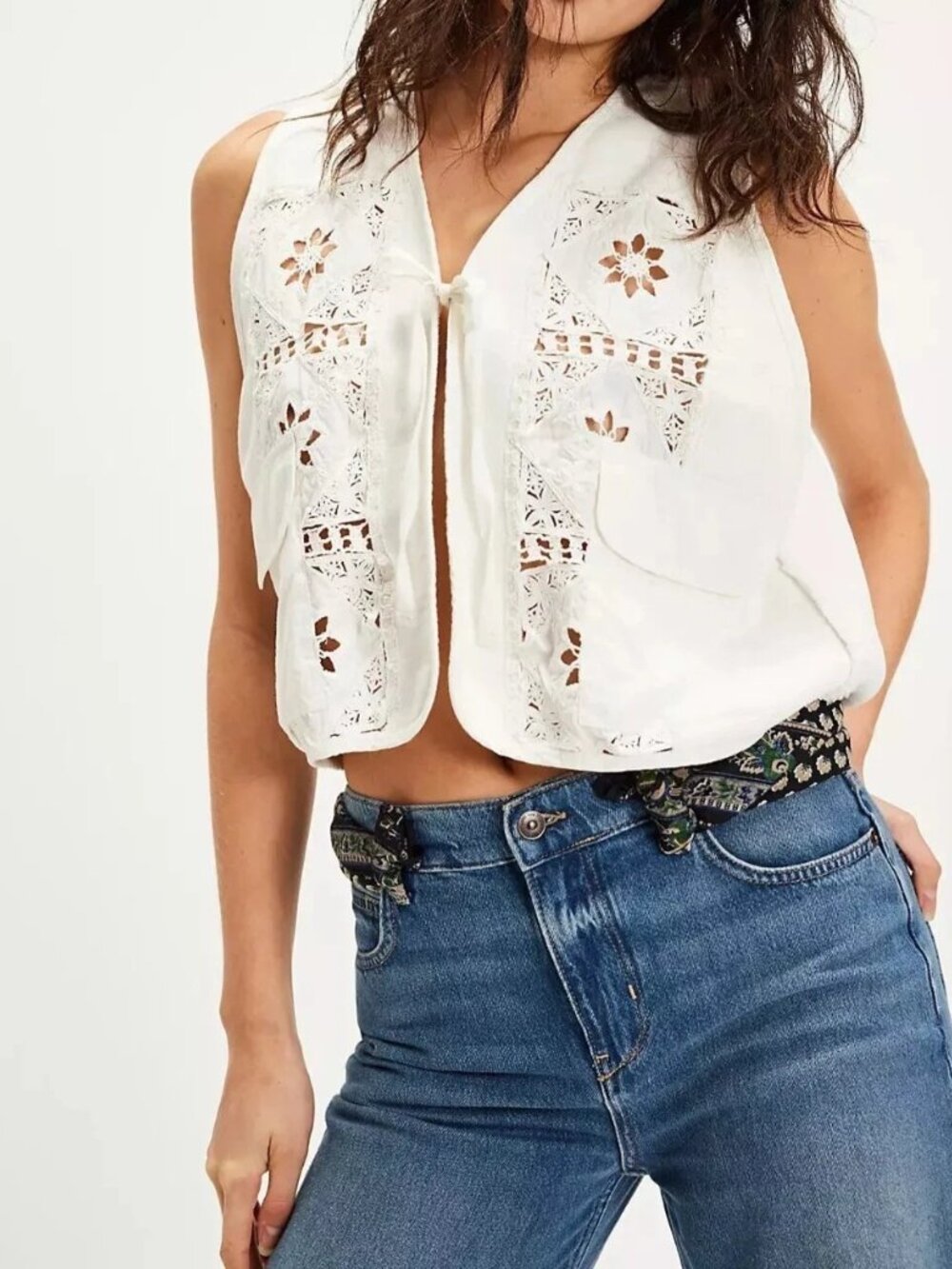 Free People Wonderstruck Vest Blouse Top Floral Crochet Lace Ivory S 276782